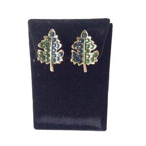 Green and Blue Rhinestones Vintage Earrings Clip On Gold Tone Leaves Design